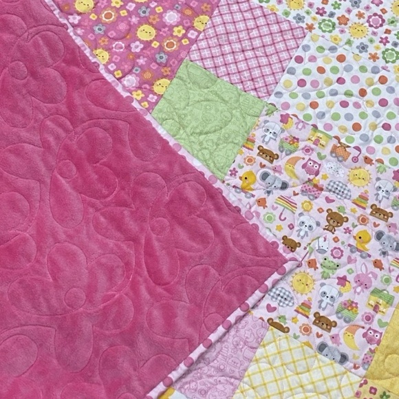 Baby Girl Quilt Blanket Handmade Toddler Child Kid Pink Yellow Minky Riley Blake - Picture 3 of 6